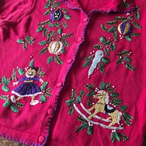Victoria Jones Womens L‎ Christmas Cardigan Sweater Ramie Holiday Embroidered